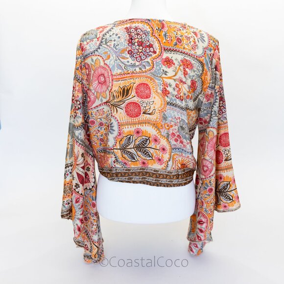 Ale-Hop Wrap Tie Crop Top One Size Flare Brocade Artsy Flowy Silky Floral Hippie - Picture 3 of 9